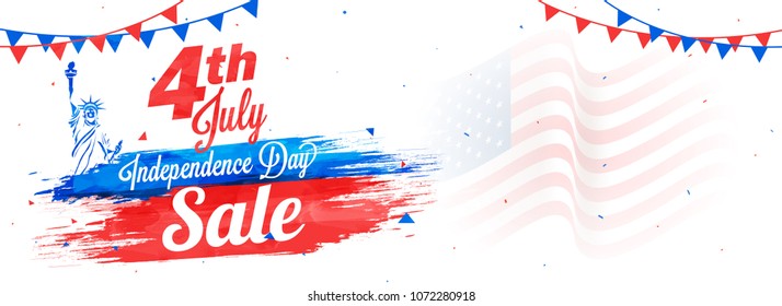 4th of July, web sale banner design, Statue of Liberty, and waving flag.