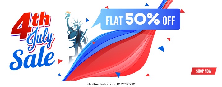 4th of July, web sale banner design with 50% off offer, Statue of Liberty, and colorful waves.