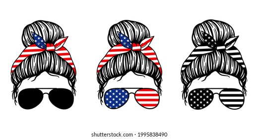 4th Of July. Women With Aviator Glasses Bandana And USA Flag Print. Patriotic Messy Bun Mom Lifestyle. Vector Illustration.  Isolated On White Background. Good For Posters, T Shirts, Postcards.