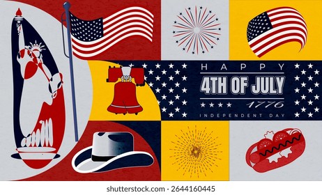 4th of July,Independence Day USA  A bold, colorful collage of American symbols like the Statue of Liberty, Liberty Bell, fireworks, and hot dog. Perfect for July 4th event promos or patriotic design