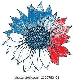 4 de julio, girasol patriótico, girasol azul rojo, Día de la Independencia, Retro, Cara sonriente, Estados Unidos, Mamá, bandera estadounidense