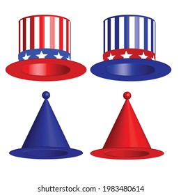 4th of july.Uncle Sam's hat isolated on white background.Independence day.Cylinder and cone hats.Party celebration.Sign, symbol or logo isolated.Banner design.USA and america flag.Vector illustration.