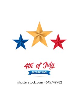 4th of July-USA Independence Day. Decoration set of red, blue, gold stars. Fourth of July vector illustration.
