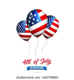 4th of July-USA Independence Day. Decoration set of USA flag balloons. Fourth of July vector illustration.