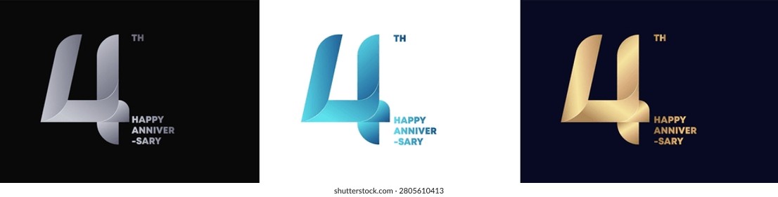 4th Logo Anniversary with abstract twist consept, Happy Anniversary with Colorful Gradient, Luxury Gold and Elegant Silver. Editable vector