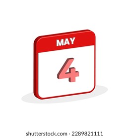 4th May calendar 3D icon. 3D May 4 calendar Date, Month icon vector illustrator