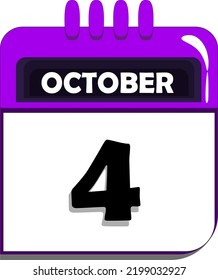4th of october. calendar with date number four, fourth day of october, month of october