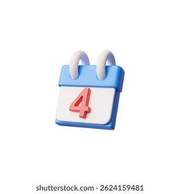 4th page day calendar vector 3D cartoon plastic style design element for American Independence day decoration. National celebration attribute. USA festive symbols. 4th of July