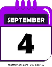 4th of September. calendar with date number four, fourth day of september, month of september