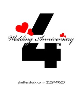 4th Wedding Anniversary greeting with red hearts illustration. Happy Wedding Anniversary post.  svg