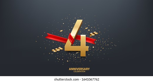 4th Year Anniversary Celebration Background. 3D Golden Number Wrapped With Red Ribbon And Confetti On Black Background.