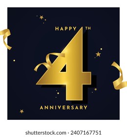Antecedentes de la celebración del cuarto aniversario. Números dorados 3D con cinta doblada, confeti