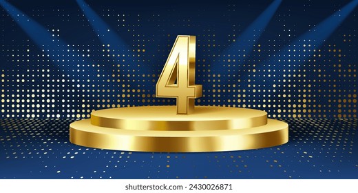 4th Year anniversary celebration background. Golden 3D numbers on a golden round podium, with lights in background.