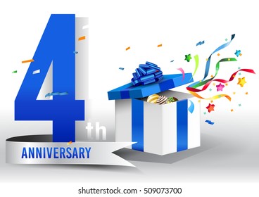 4th years anniversary background with ribbon, confetti and gift on white. Poster or brochure template. Vector illustration.