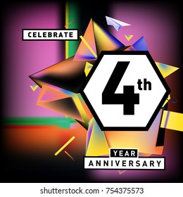 4th years anniversary card with colorful background. Four years birthday logo on geometric colorful background.