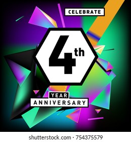 4th years anniversary card with colorful background. Four years birthday logo on geometric colorful background.