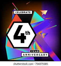 4th years anniversary card with colorful background. Four years birthday logo on geometric colorful background.