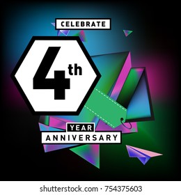 4th years anniversary card with colorful background. Four years birthday logo on geometric colorful background.