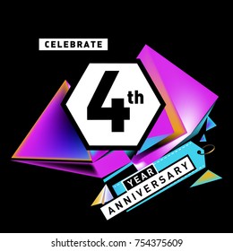 4th years anniversary card with colorful background. Four years birthday logo on geometric colorful background.