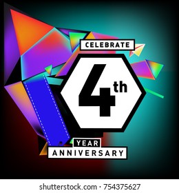 4th years anniversary card with colorful background. Four years birthday logo on geometric colorful background.