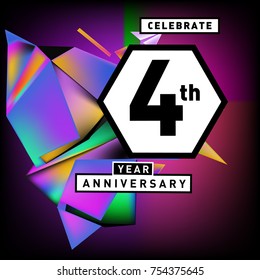 4th years anniversary card with colorful background. Four years birthday logo on geometric colorful background.