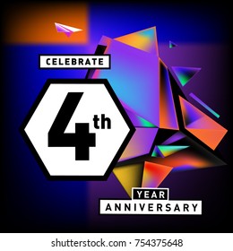 4th years anniversary card with colorful background. Four years birthday logo on geometric colorful background.