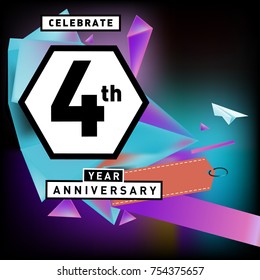 4th years anniversary card with colorful background. Four years birthday logo on geometric colorful background.