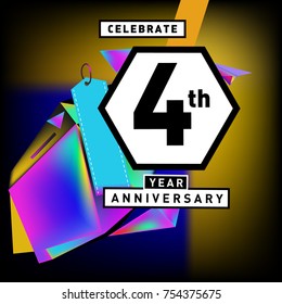 4th years anniversary card with colorful background. Four years birthday logo on geometric colorful background.