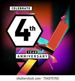 4th years anniversary card with colorful background. Four years birthday logo on geometric colorful background.