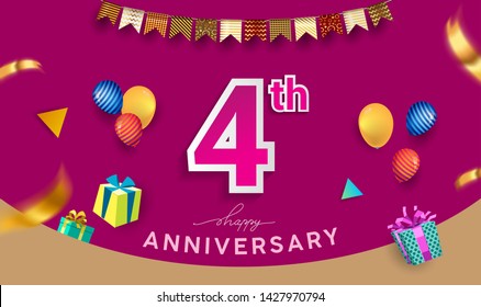 4th Years Anniversary Celebration Design, with gift box and balloons, ribbon, Colorful Vector template elements for your birthday celebrating party.