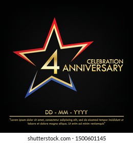 4th years anniversary celebration emblem. anniversary elegance golden logo with red and blue star shape. vector illustration template design for web, leaflet, flyer, greeting card and invitation card