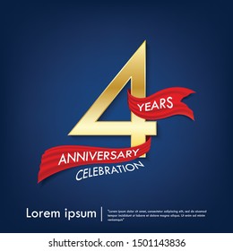 4th years anniversary celebration emblem. anniversary elegance golden logo with red ribbon on dark blue background, vector illustration template design for celebration greeting and invitation card svg