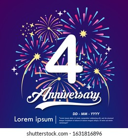 4th years anniversary celebration emblem. white anniversary logo isolated with colorful fireworks background. vector illustration template design for web, flyers, poster, greeting & invitation card