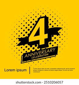 4th years anniversary celebration emblem. black logo isolated with ribbon on yellow background. vector illustration template design for web, flyers, poster, greeting card and invitation card