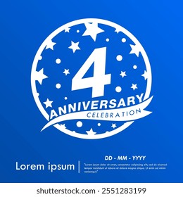 4th years anniversary celebration emblem. white anniversary logo isolated with ribbon and stars ball on blue background. vector illustration template design for web, flyers, poster, greeting card