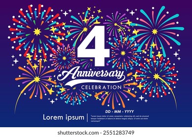 4th years anniversary celebration emblem. anniversary logo isolated with ribbon, sparkle, twinkle fireworks and stars. vector illustration template design for web, flyers, poster, greeting card