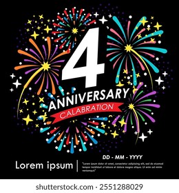 4th years anniversary celebration emblem. anniversary logo isolated with red ribbon, stars and fireworks sparkle twinkle. vector illustration template design for web, flyers, poster, greeting