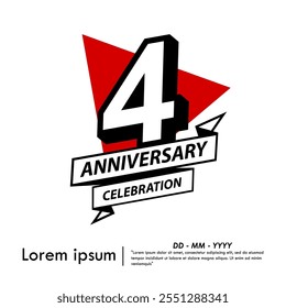 4th years anniversary celebration emblem. black anniversary logo isolated with ribbon and red triangle on white background. vector illustration template design for web, flyers, poster, greeting card