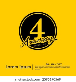 4th years anniversary celebration emblem. black anniversary logo isolated with handwriting and ribbon on yellow background. vector illustration template design for web, flyers, poster, greeting card