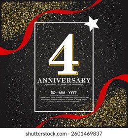 4th years anniversary celebration emblem. elegant anniversary logo isolated with red ribbon and stars twinkle sparkle. vector illustration template design for web, flyers, poster, invitation card