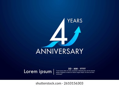 4th years anniversary celebration emblem. anniversary logo isolated with arrow growth up and blue ribbon on dark blue background. vector illustration template design for web, flyers, poster, greeting