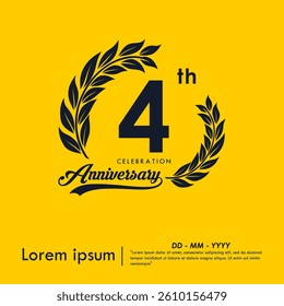 4th years anniversary celebration emblem. anniversary logo isolated with laurel wreath and ribbon on yellow background. vector illustration template design for web, flyers, poster, greeting card