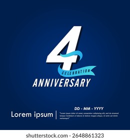 4th years anniversary celebration emblem. elegant anniversary logo isolated with blue ribbon on dark blue background. vector illustration template design for web, flyers, poster, greeting card