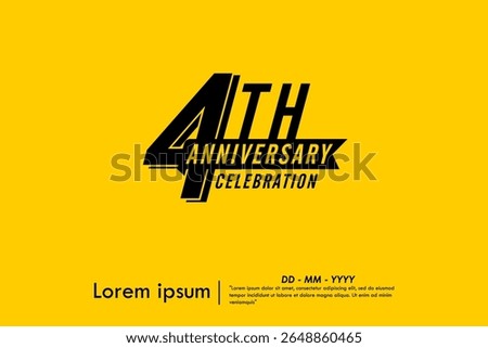 4th years anniversary celebration emblem. black logo isolated with ribbon on yellow background. vector illustration template design for web, flyers, poster, greeting card and invitation card