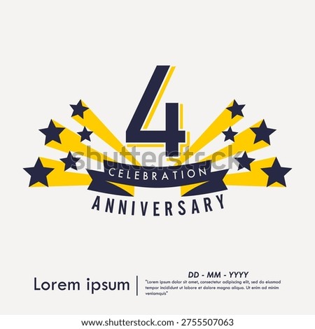 4th years anniversary celebration emblem. congratulations anniversary logo isolated with ribbon and starbursts on white background. vector illustration template design for web banner