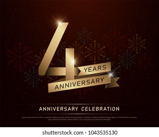 4th years anniversary celebration gold number and golden ribbons with fireworks on dark background. vector illustration