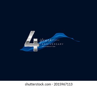 4th Years Anniversary celebration logotype silver colored with blue ribbon and isolated on dark blue background svg
