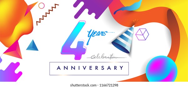 4th years anniversary logo, vector design birthday celebration with colorful geometric background and futuristic elements