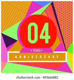 4th years greeting card anniversary with colorful number and frame. logo and icon with Memphis style cover and design template. Pop art style design poster and publication.