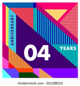 4th years greeting card anniversary with colorful number and frame. Memphis style cover and design template